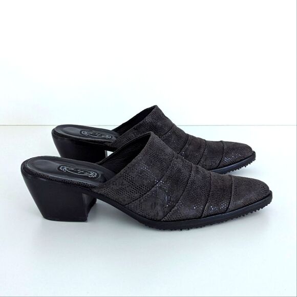 Salpy Dark Gray Embossed Suede Slip On Mules Women's 8.5 - Picture 1 of 9